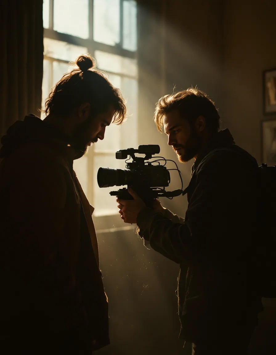 A Narrafilm director framing a shot behind the camera in soft window light